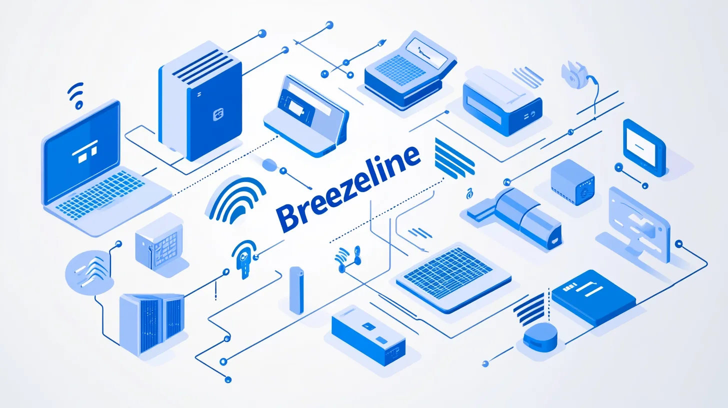 An isometric blue diagram of routers, laptops and set-top boxes linked by lines, labelled Breezeline
