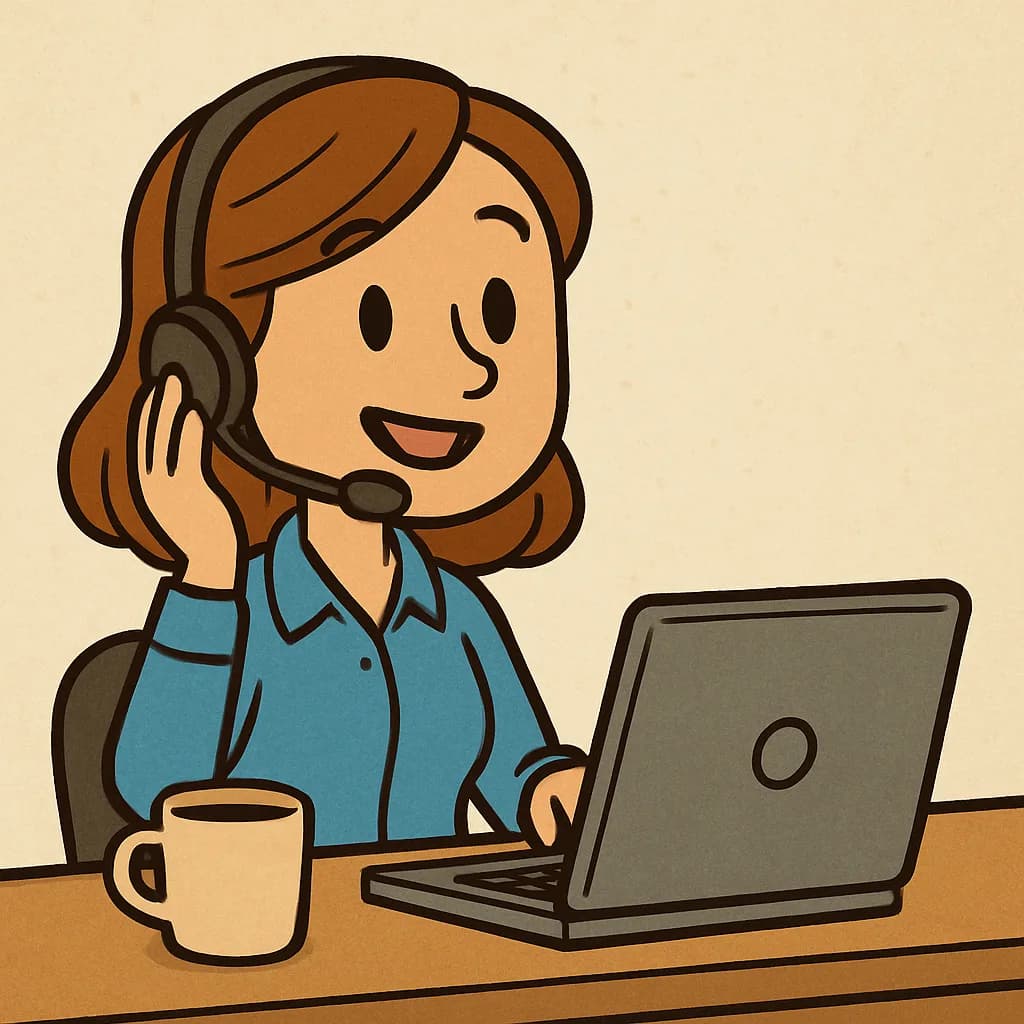 A cartoon support agent wearing a headset smiles beside a laptop and a mug
