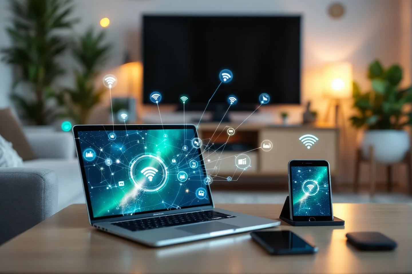 A laptop on a coffee table projects Wi-Fi icons toward a phone and TV in a living room