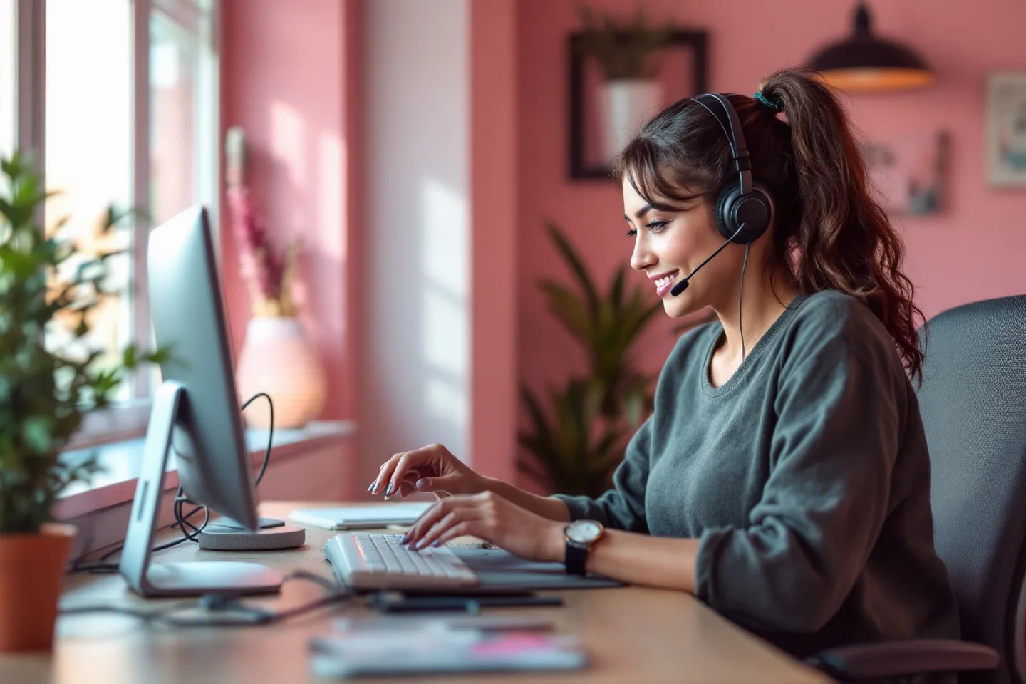 A support agent in a headset smiles at a monitor in a pink-walled office