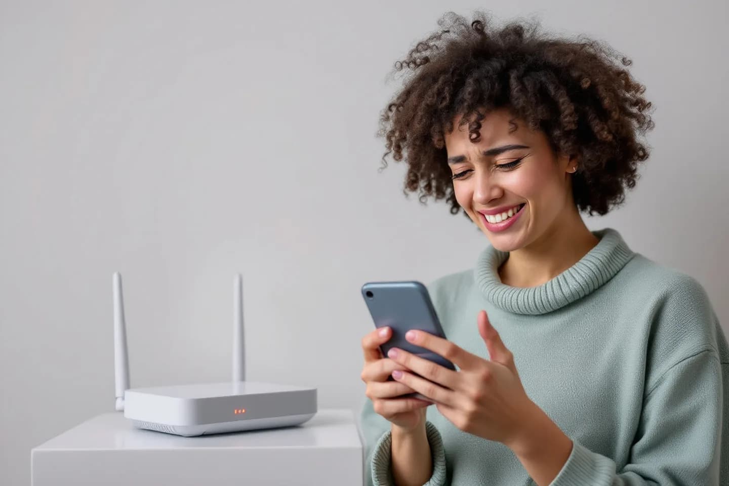 A woman winces at her phone next to a white router showing red status lights