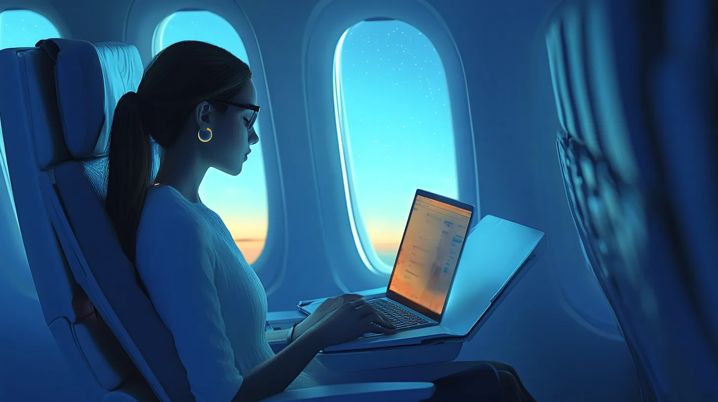 A woman works on a laptop in a dimly lit airplane cabin at dusk