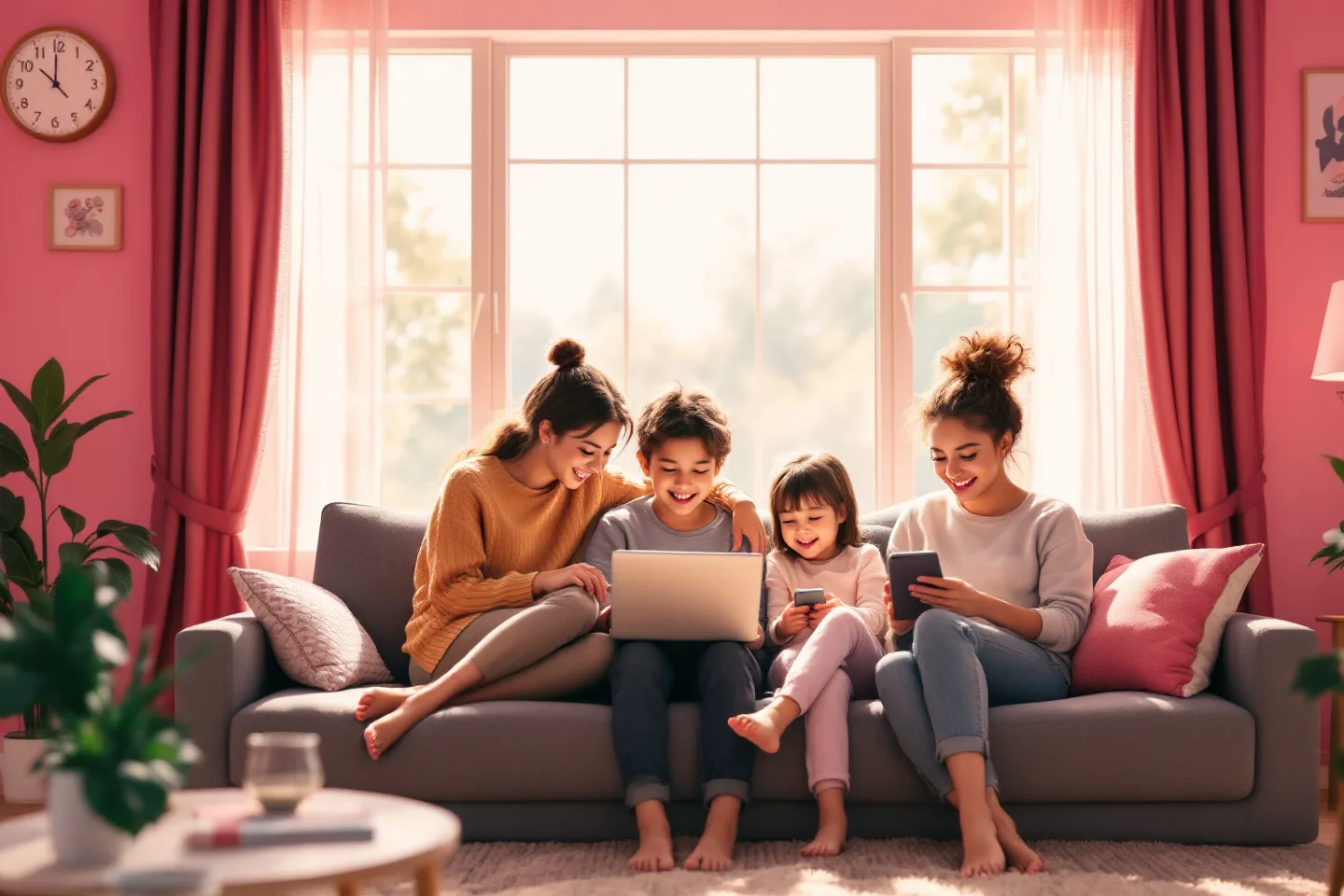 A family of four share a couch with a laptop, tablet and phones in a sunlit living room