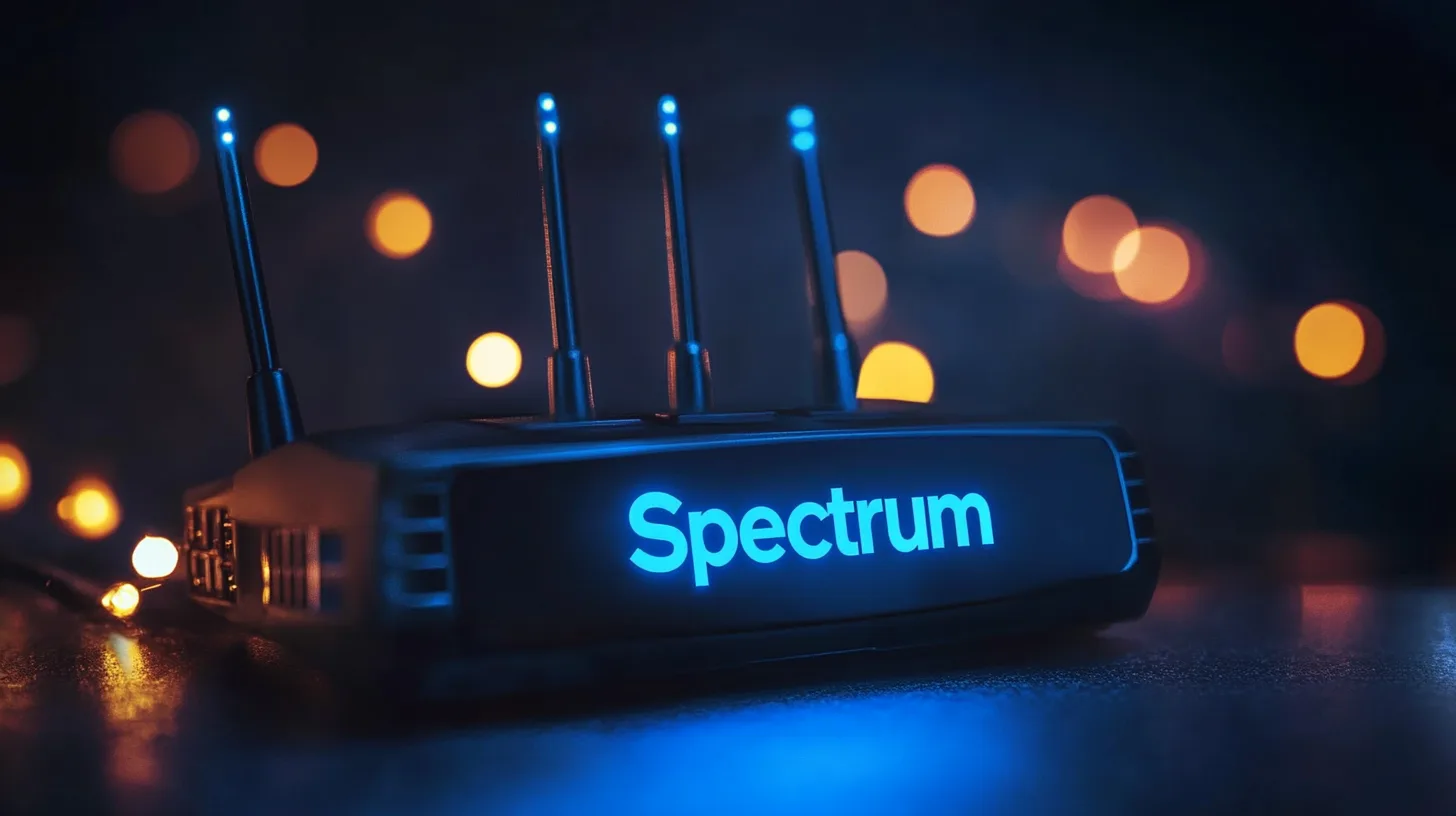 A Spectrum-branded router glowing blue in a dark room with bokeh lights behind it