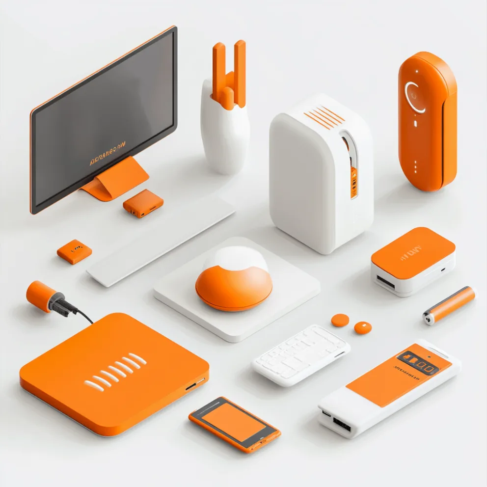 An isometric arrangement of orange and white networking gear, a monitor and mobile devices
