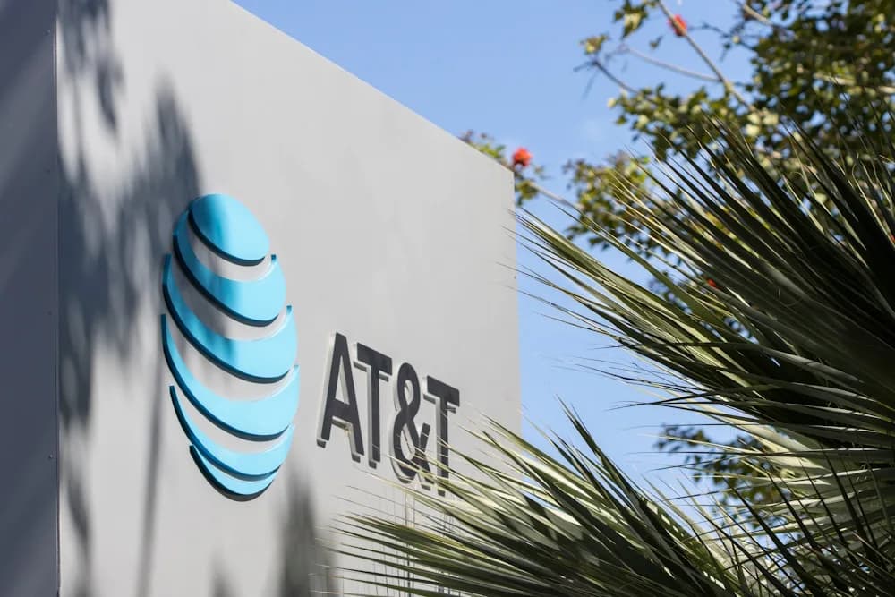 The AT&T globe logo on a white exterior sign framed by palm fronds against a blue sky