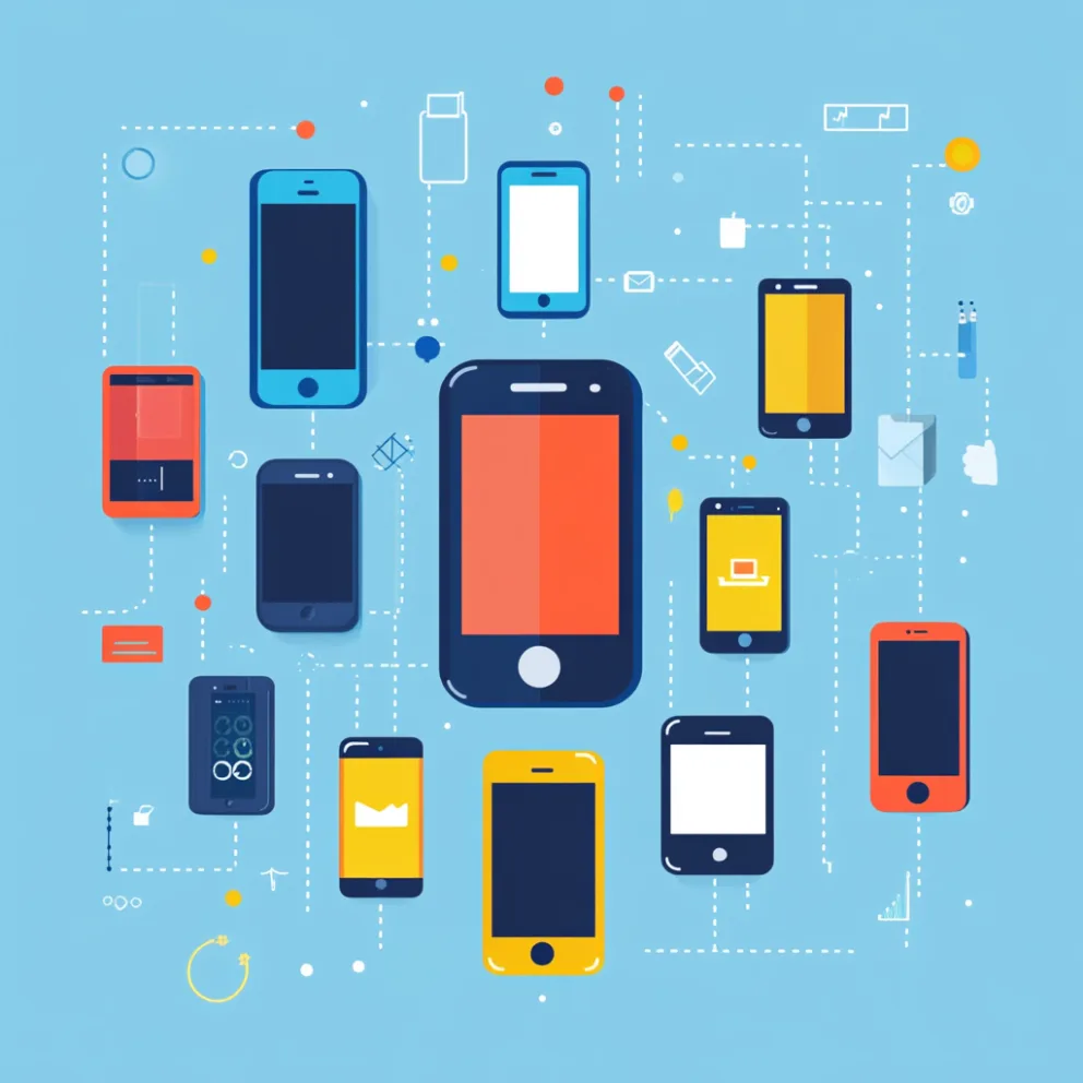 A flat illustration of many smartphones connected by dotted lines on a blue background