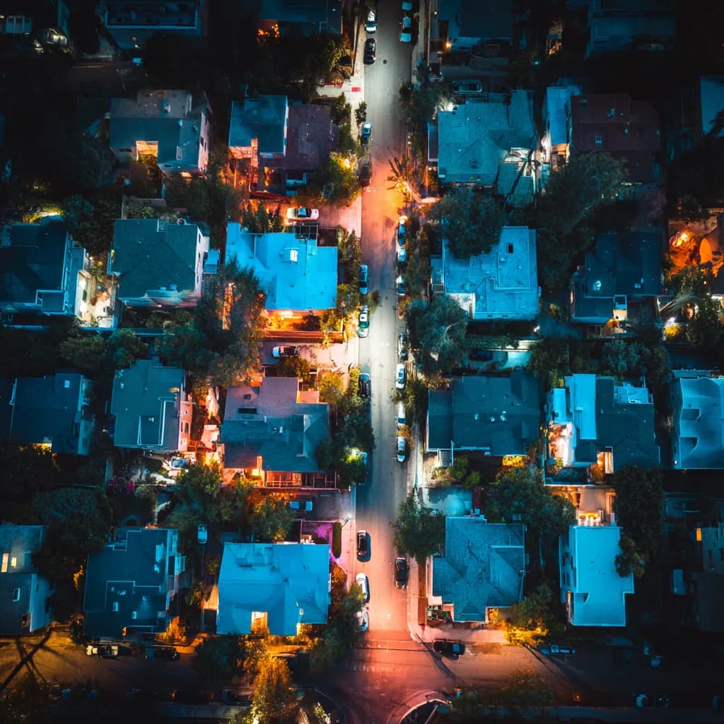 An overhead night view of a residential street lined with lit houses and parked cars