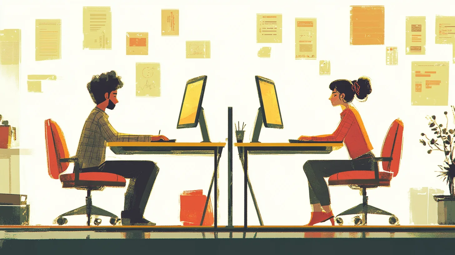 An illustration of two coworkers at facing desks, papers pinned on the wall behind them