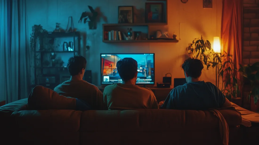 Three people watch a wall-mounted television from a couch in a dim living room