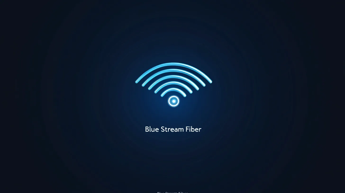 A glowing blue Wi-Fi signal icon on a dark background, labelled Blue Stream Fiber