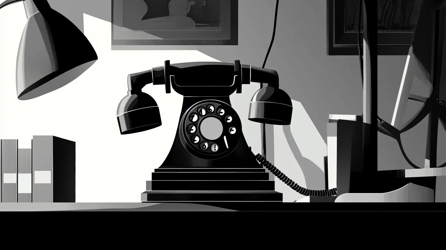 A black-and-white illustration of a vintage rotary desk phone beside a lamp and books