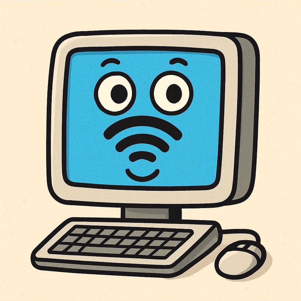 A cartoon desktop computer whose blue screen forms a face from a Wi-Fi symbol