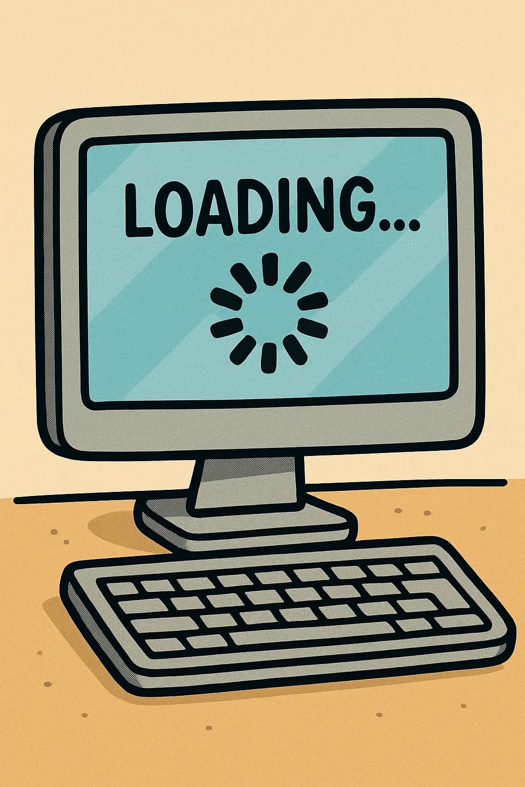 A cartoon desktop computer showing a “Loading…” screen with a spinner