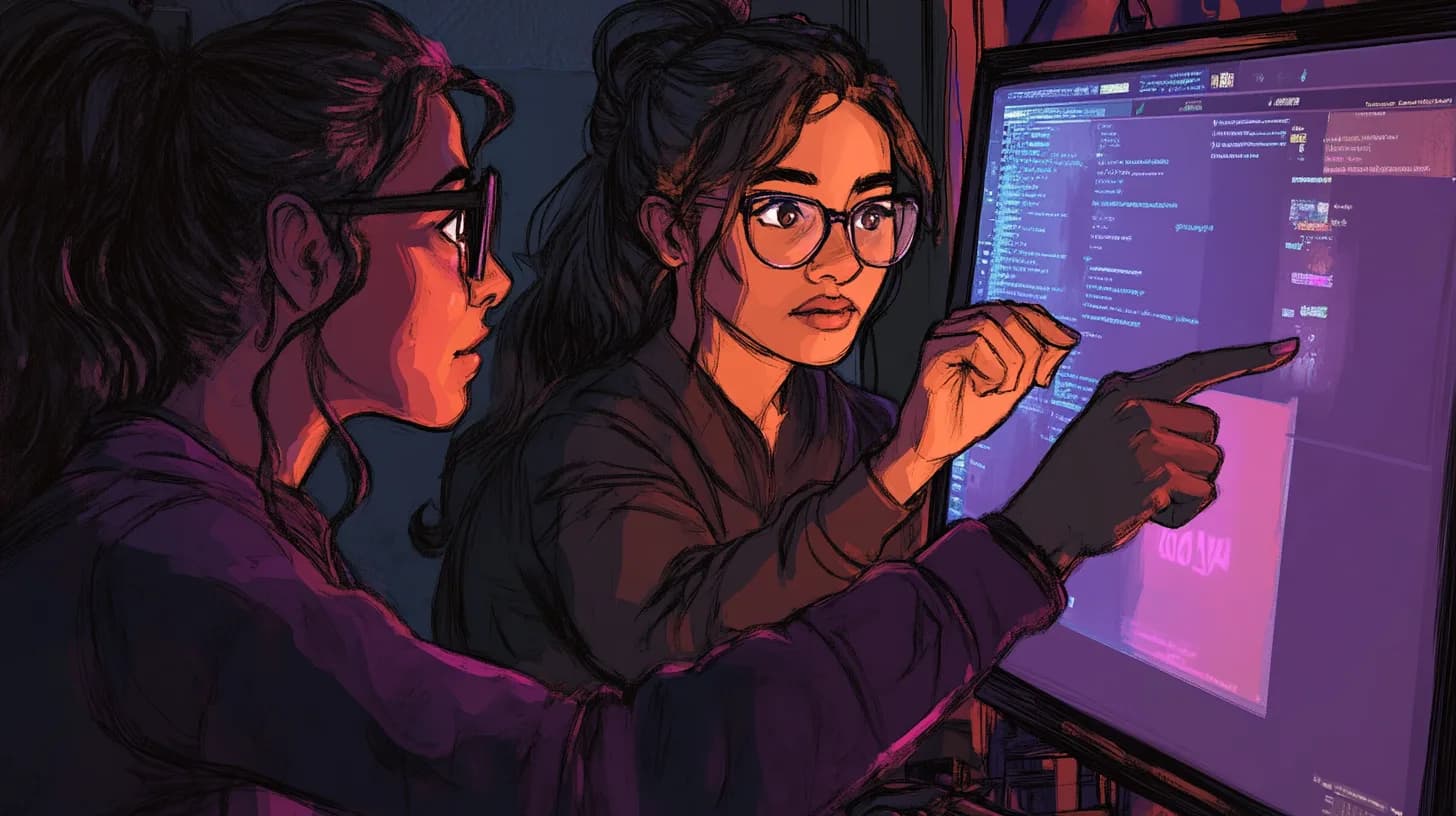 Two people study lines of code on a large monitor in a dim room