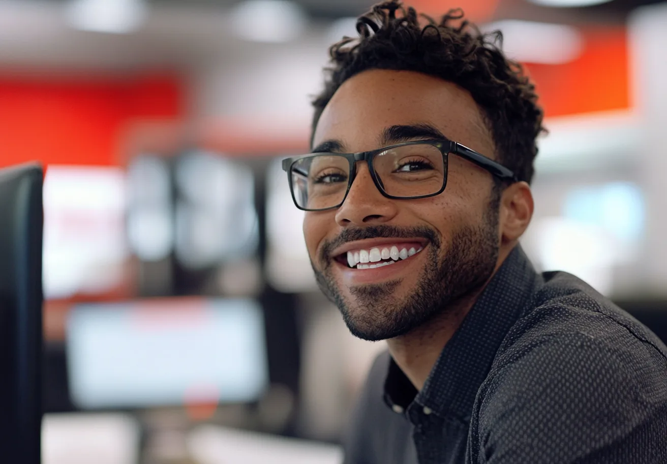 A smiling support agent in glasses at a desk in a red-accented call centre