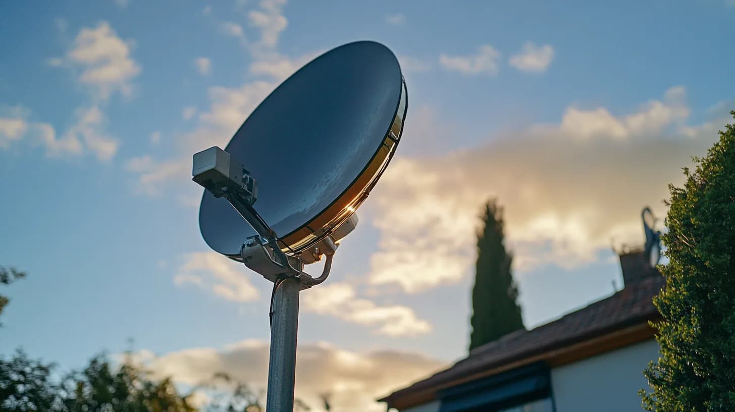 A satellite dish mounted on a pole against a cloudy evening sky beside a house