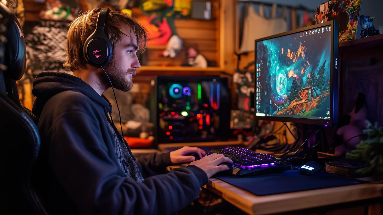 A gamer in headphones plays at a desk lit by an RGB keyboard and glowing PC tower