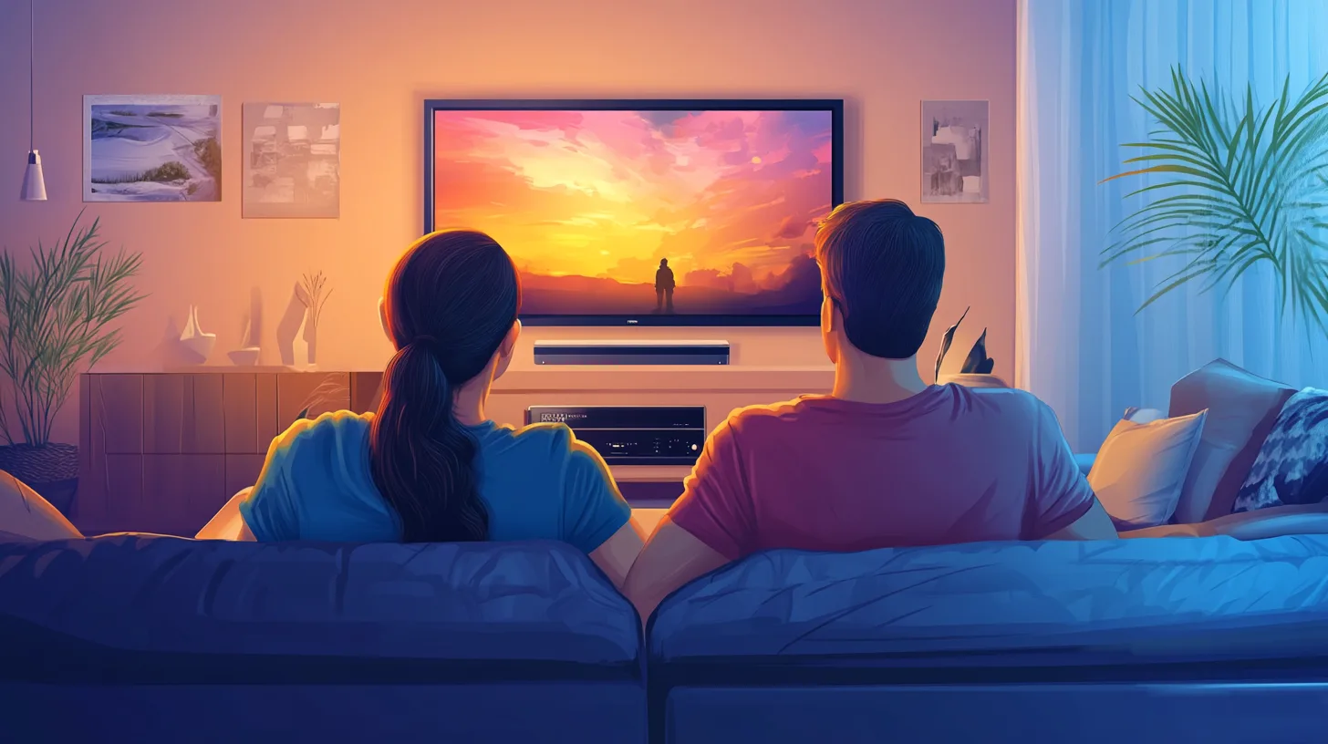 An illustration of a couple on a sofa watching a sunset scene on a wall-mounted TV