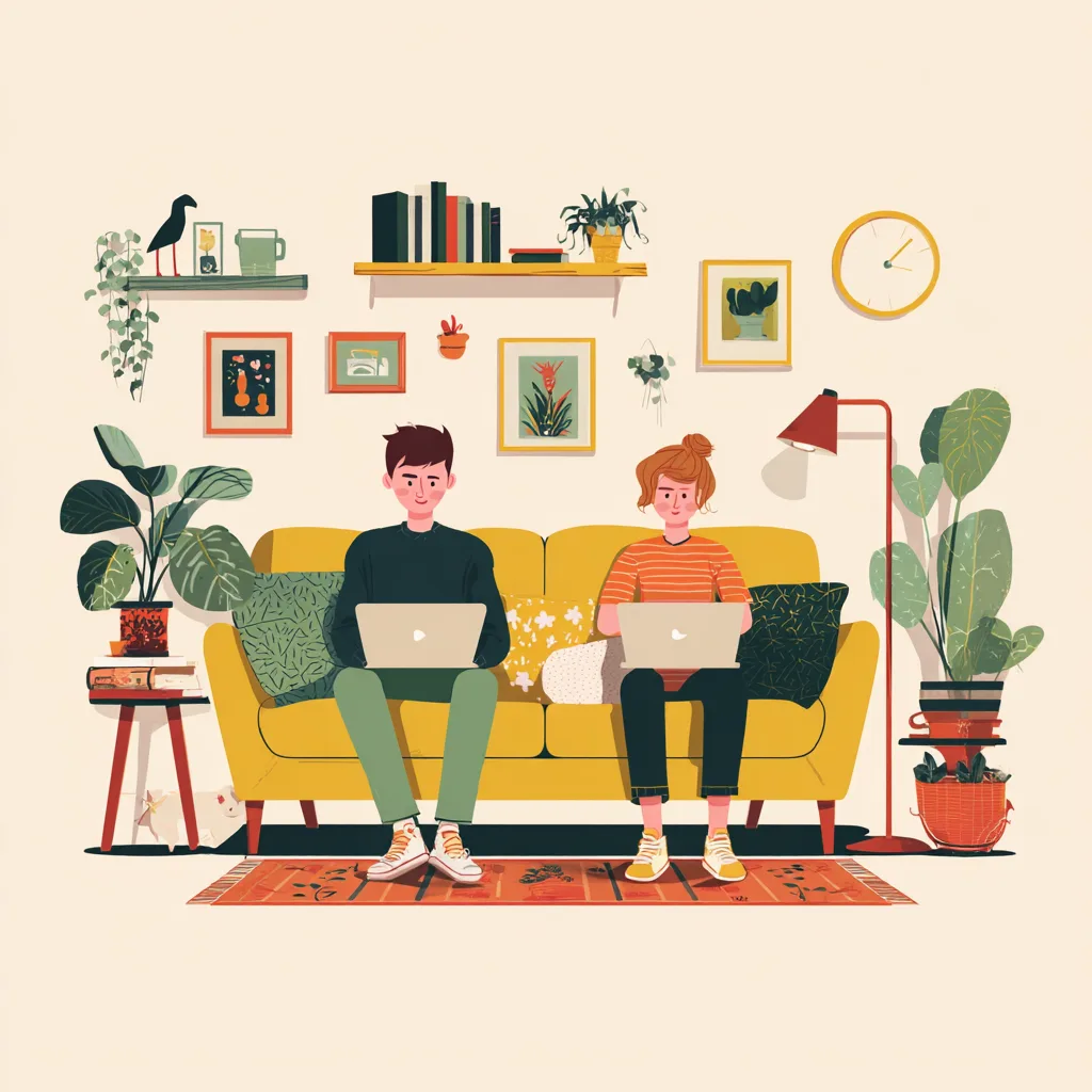 An illustration of two people with laptops on a yellow sofa in a plant-filled room