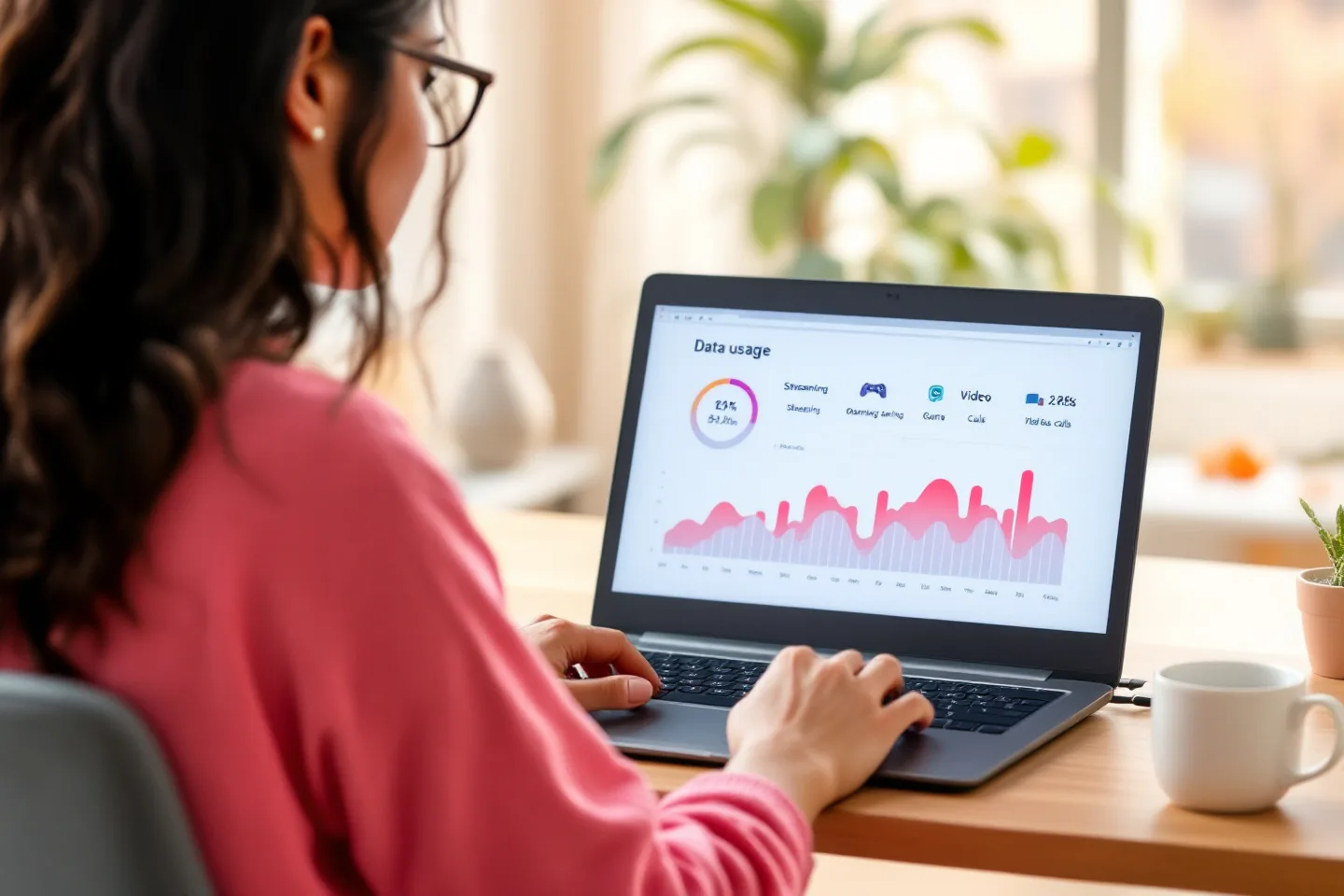 A person in a pink sweater views a data-usage chart on a laptop at a sunlit desk