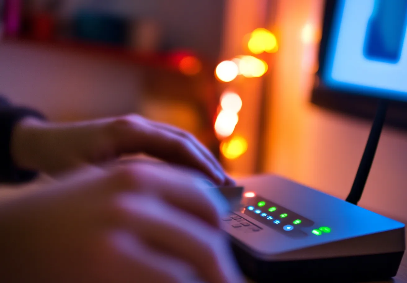 A hand reaches toward a router’s lit status LEDs in a warmly lit room