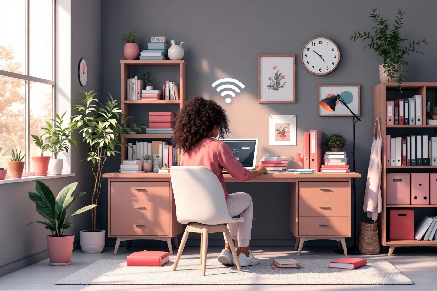A person works at a tidy home-office desk beneath a wall-mounted Wi-Fi symbol