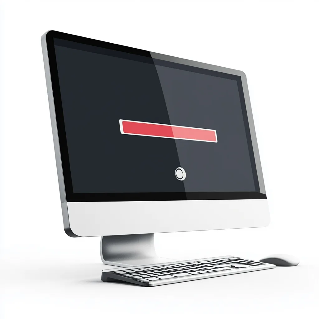 A desktop monitor displaying a red progress bar, with keyboard and mouse on white