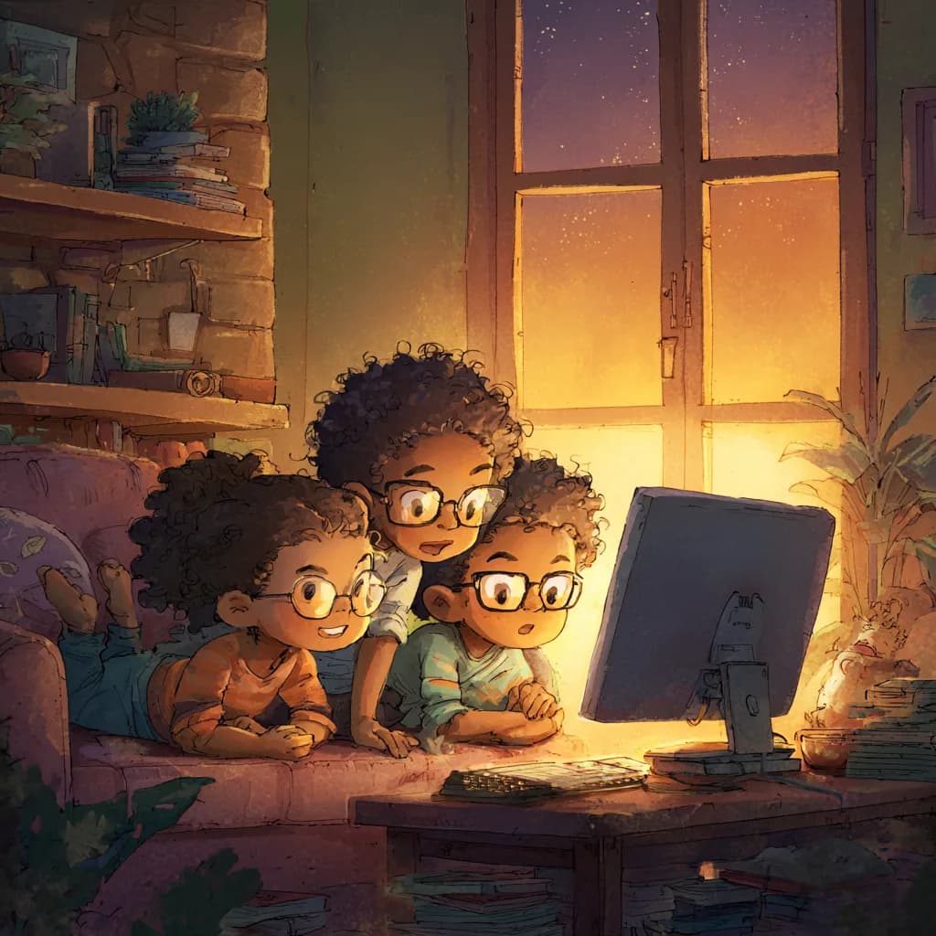 An illustration of three children crowded around a glowing monitor at dusk