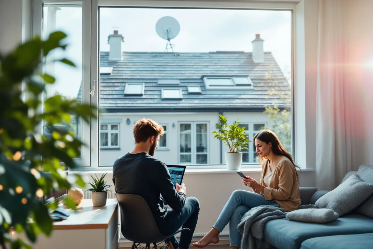 A couple use a tablet and phone by a sunlit window, a satellite dish on the roof outside