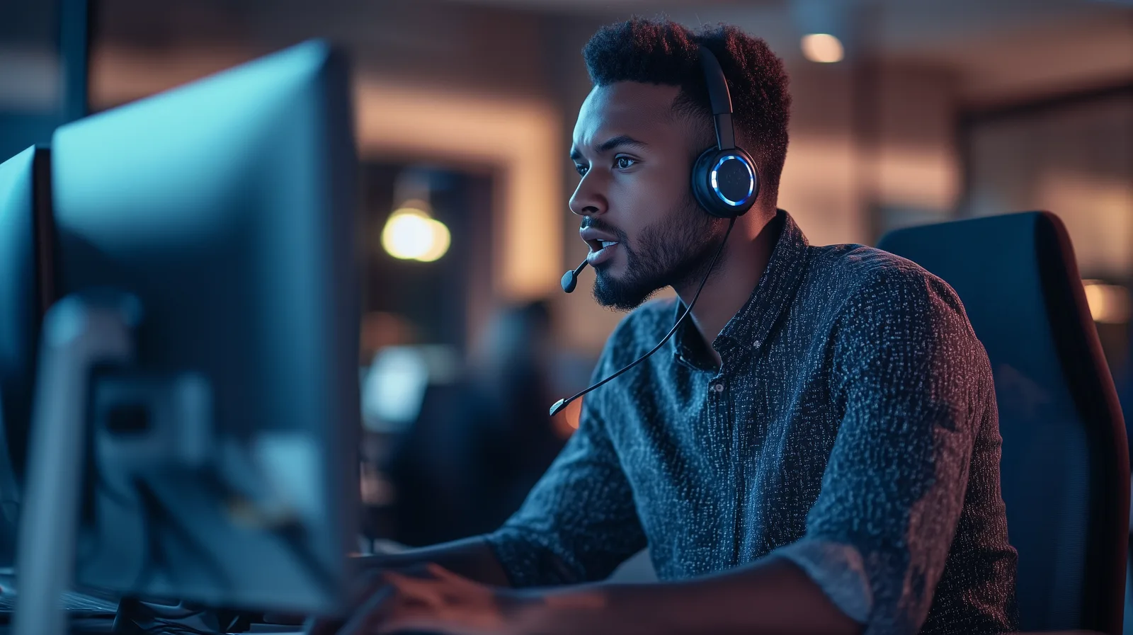 A support agent in a headset speaks while working at monitors in a dim office