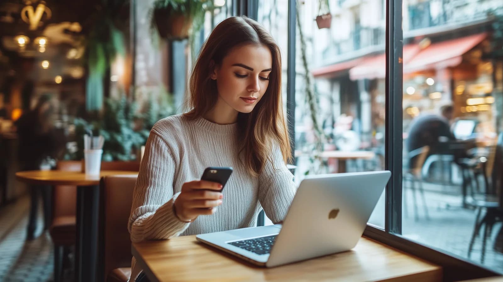 A person checks a phone beside an open laptop at a café table by a window