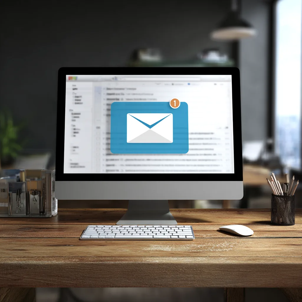 A desktop monitor showing an inbox with a blue envelope notification on a wooden desk