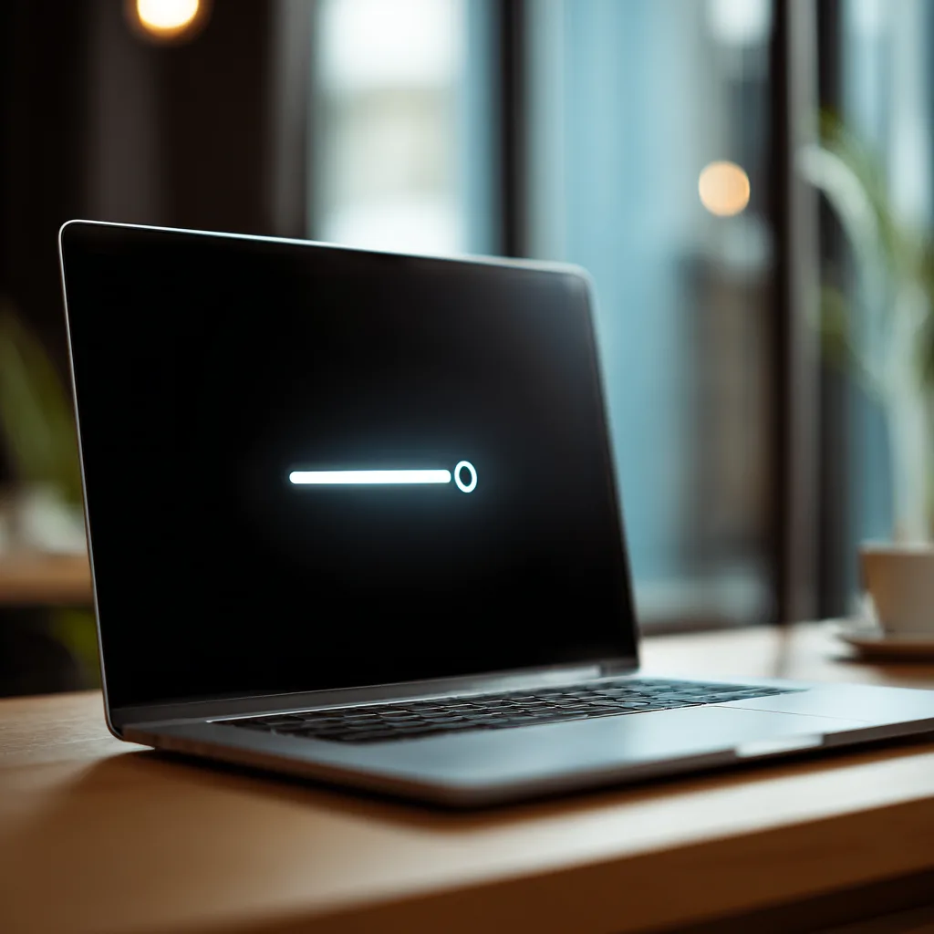 An open laptop on a wooden table displaying a glowing loading bar on a black screen