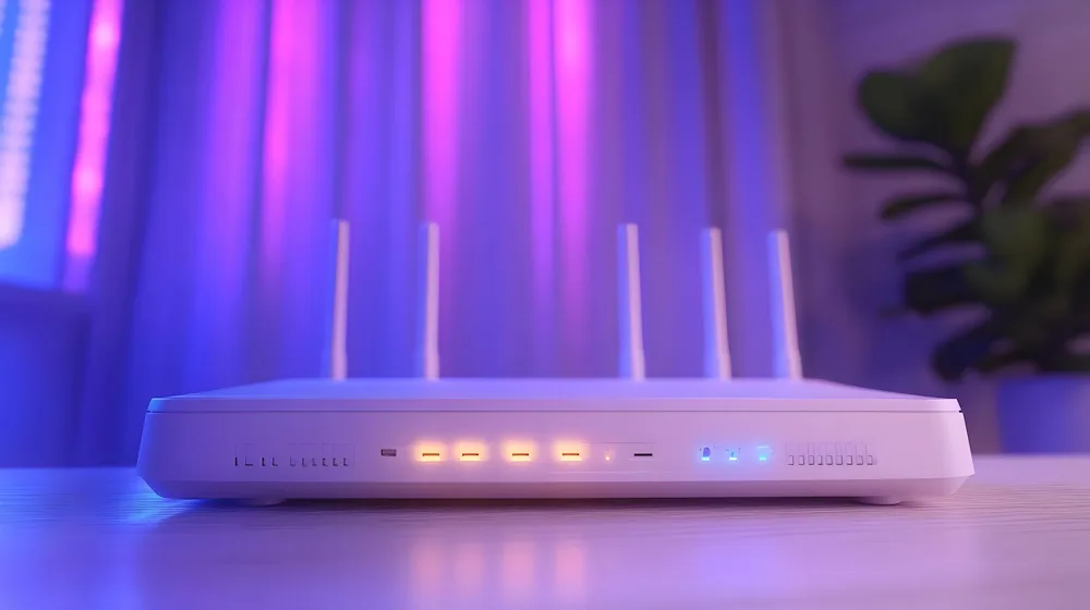 A white router with four antennas on a desk against purple and blue lighting