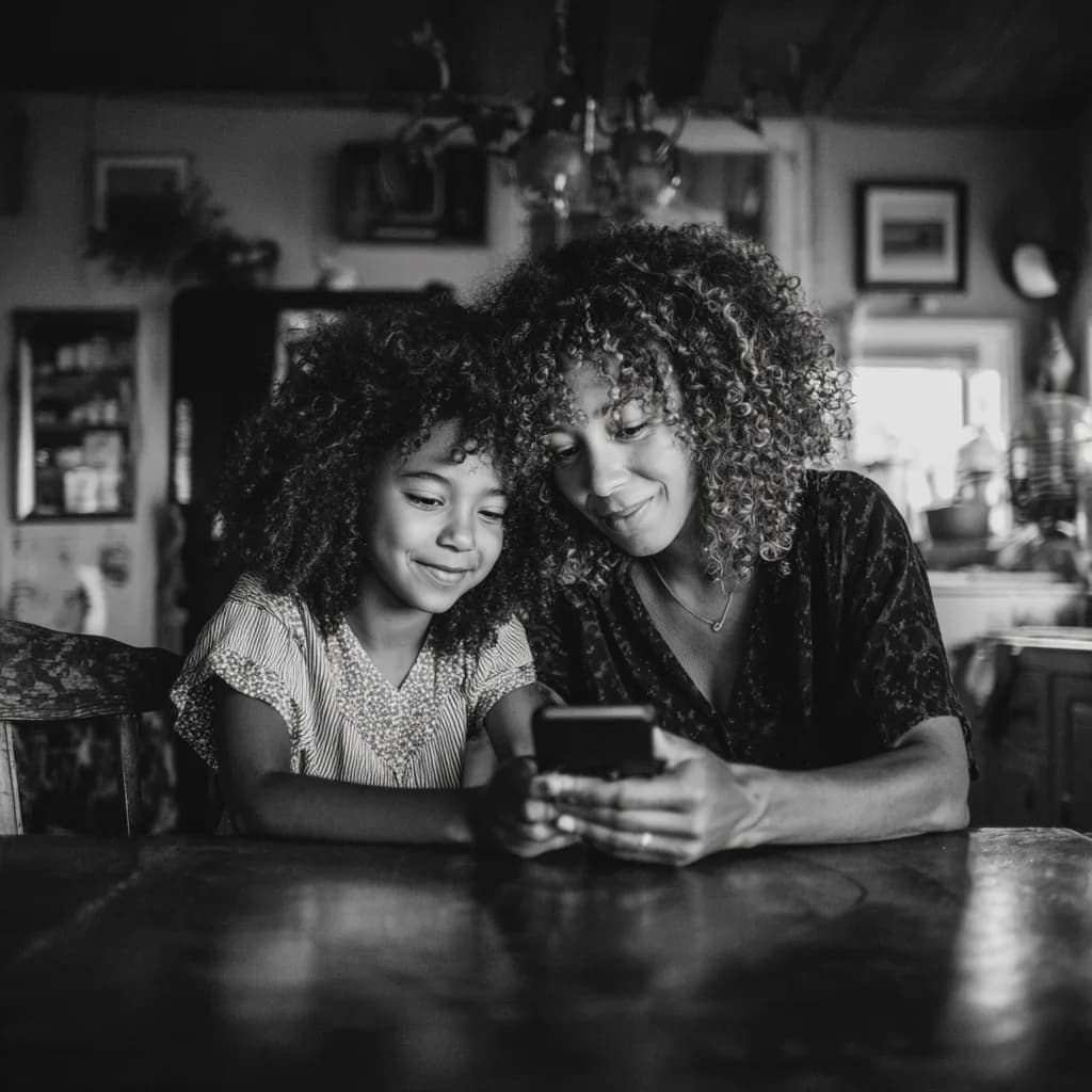 A black-and-white photo of a parent and child looking at a phone at a kitchen table