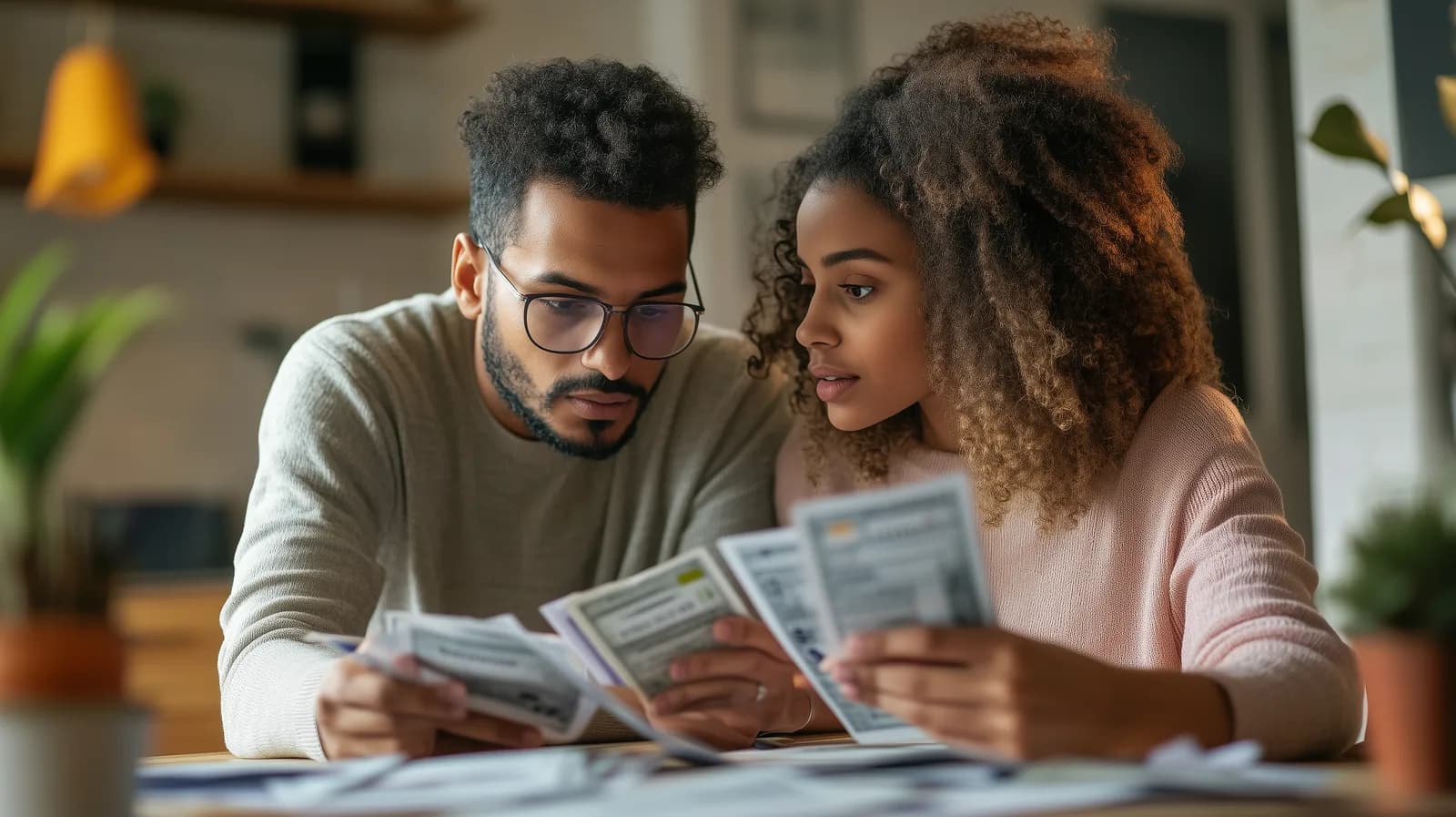 A couple at a kitchen table study paper bills spread out in front of them