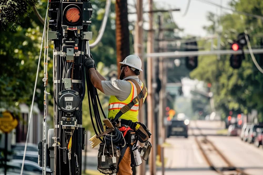 A lineworker in a hard hat and safety vest handles cables on a utility pole