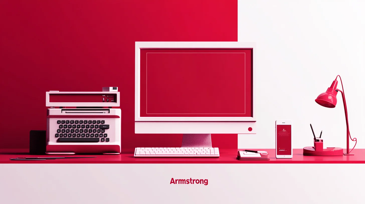 A minimal red-and-white desk scene with a monitor, keyboard and phone, labelled Armstrong