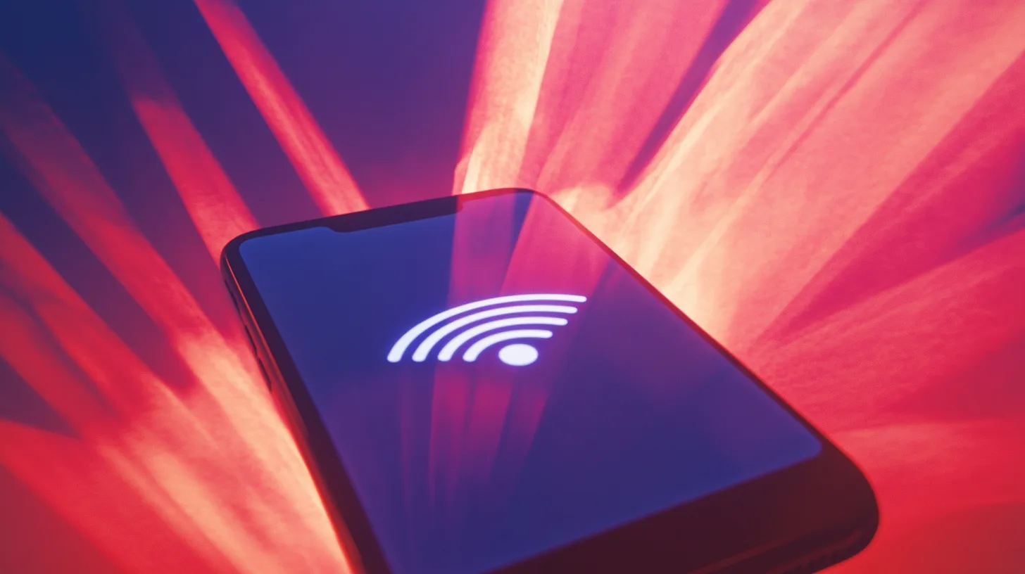 A phone screen showing a glowing Wi-Fi symbol against red and purple light streaks