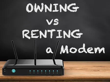 A black router on a shelf below chalkboard text reading “Owning vs Renting a Modem”
