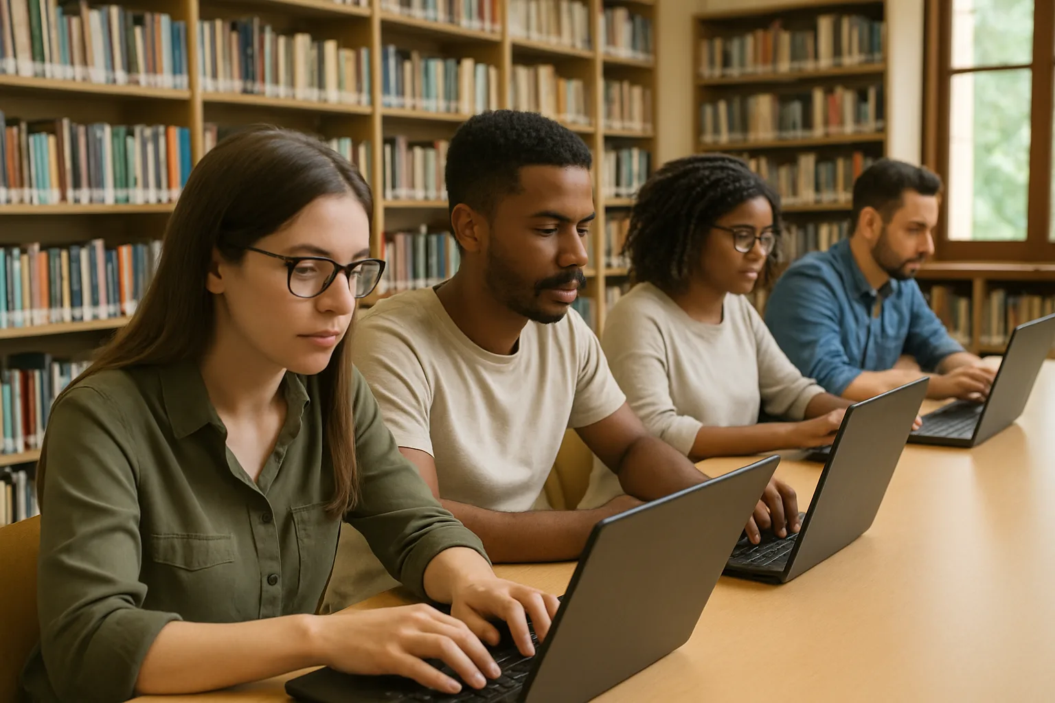Four people work on laptops at a shared table in a library