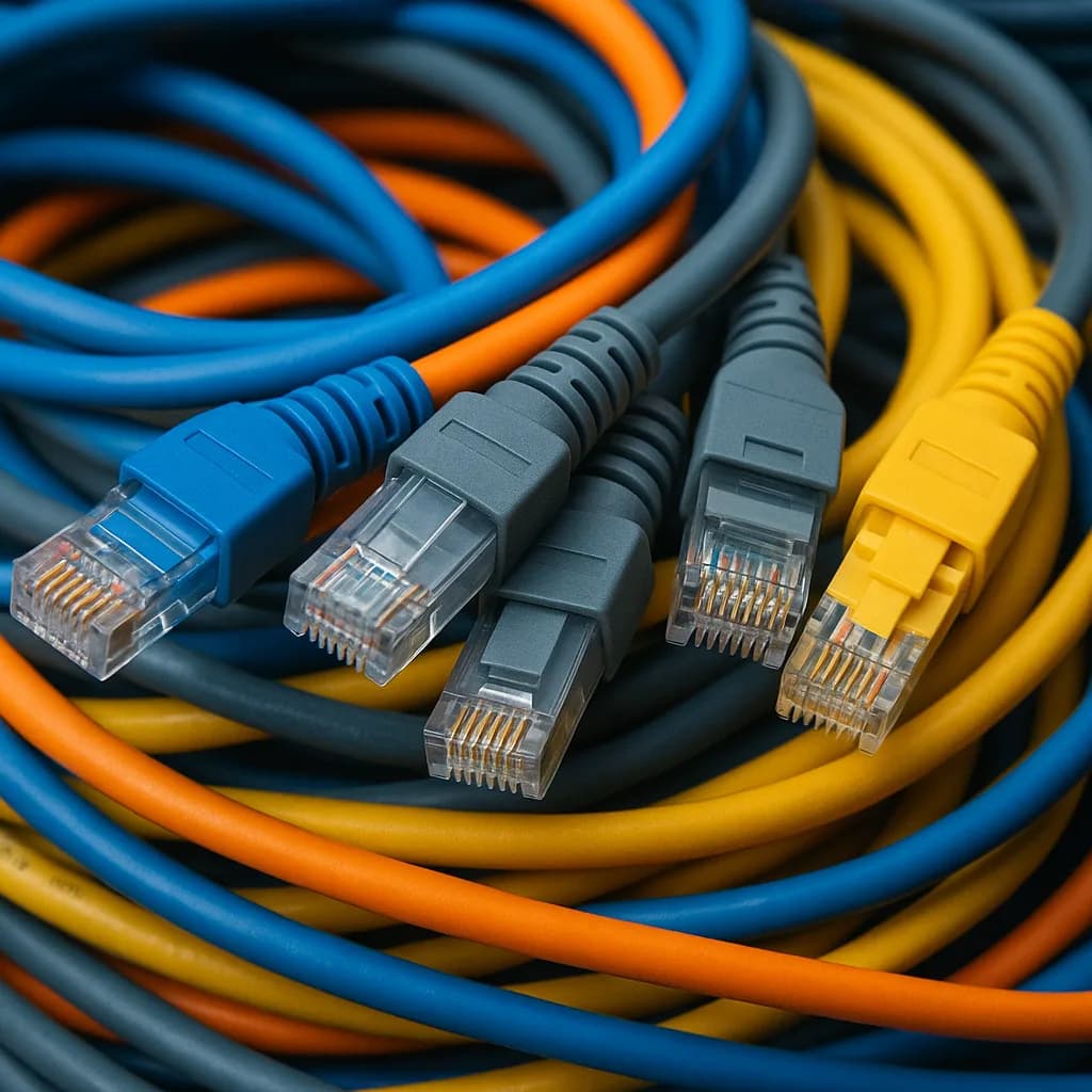 A close-up coil of blue, orange, grey and yellow ethernet cables with RJ45 connectors
