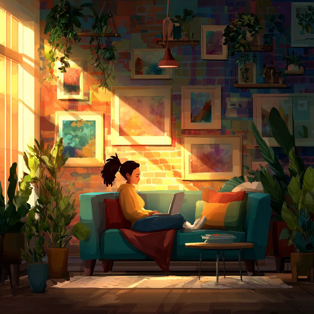 An illustration of a person with a laptop on a teal sofa in a sunlit, art-filled room