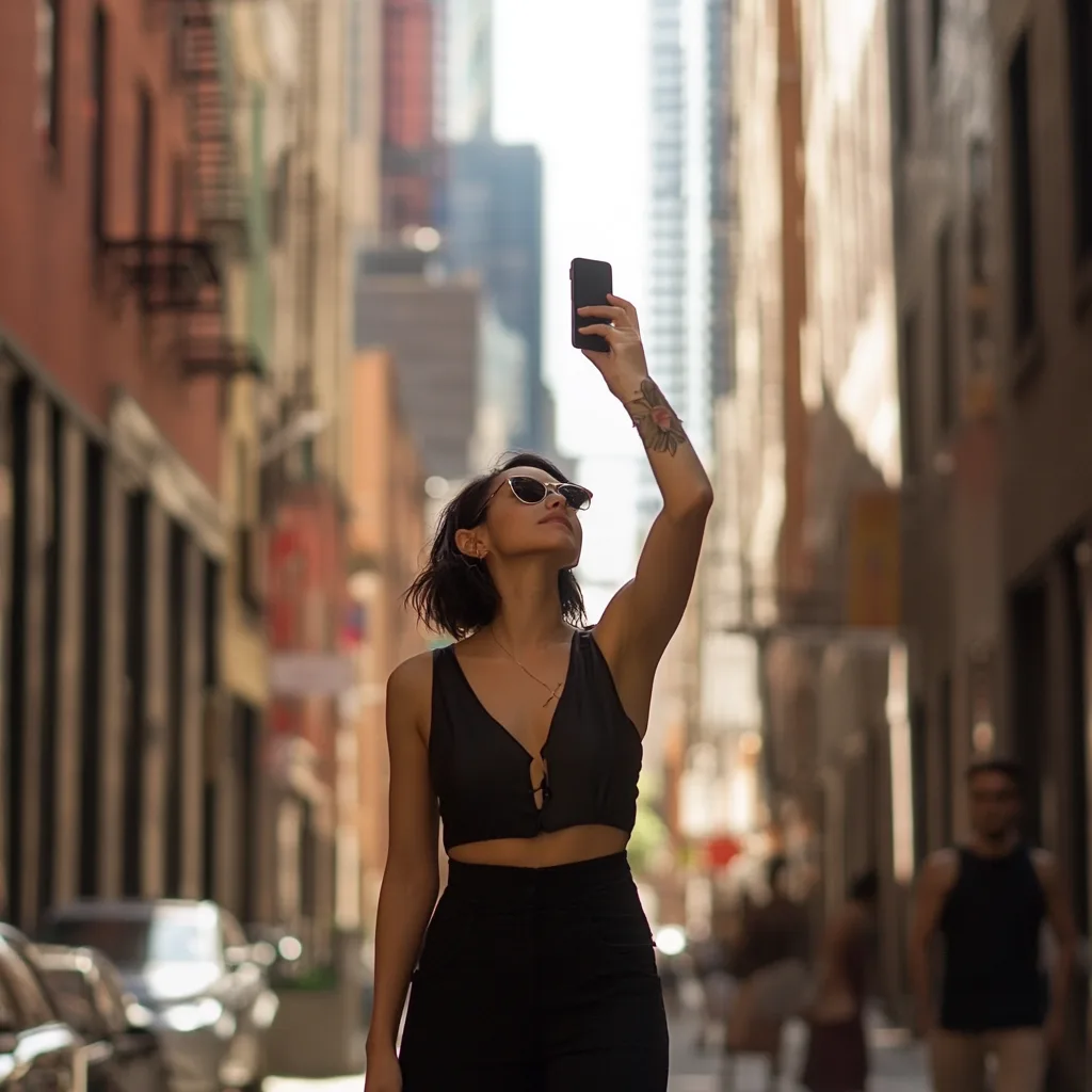 A woman holds a phone overhead searching for signal on a sunlit city street