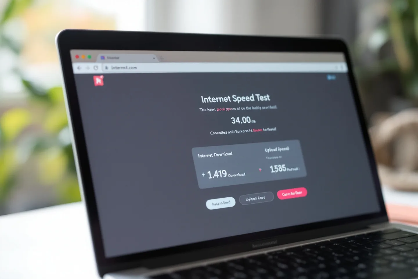 A laptop displaying an internet speed test page with download and upload figures