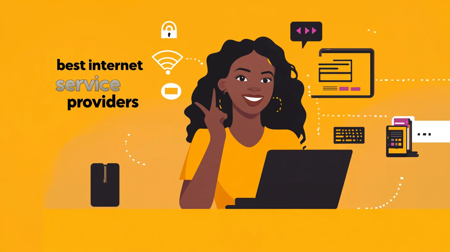 An illustrated woman at a laptop surrounded by Wi-Fi, lock and browser icons on orange