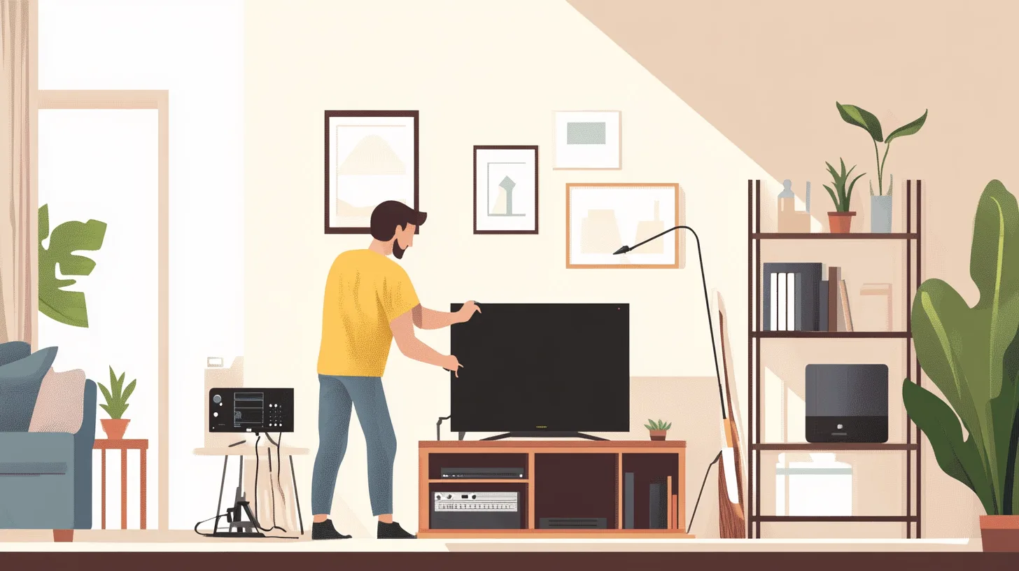 An illustration of a man adjusting a flat-screen TV on a media console in a living room