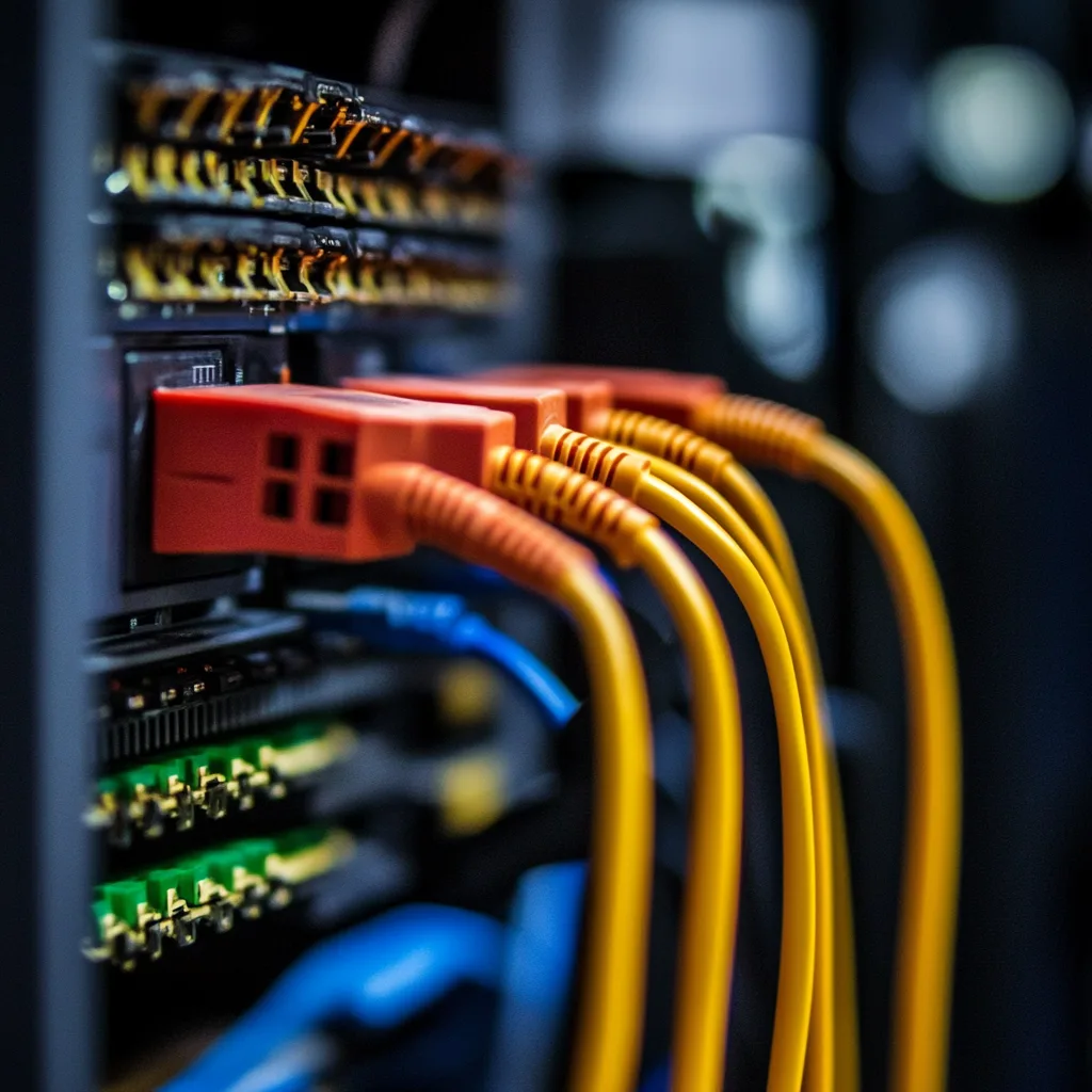 Orange and yellow patch cables plugged into a network switch in a server rack