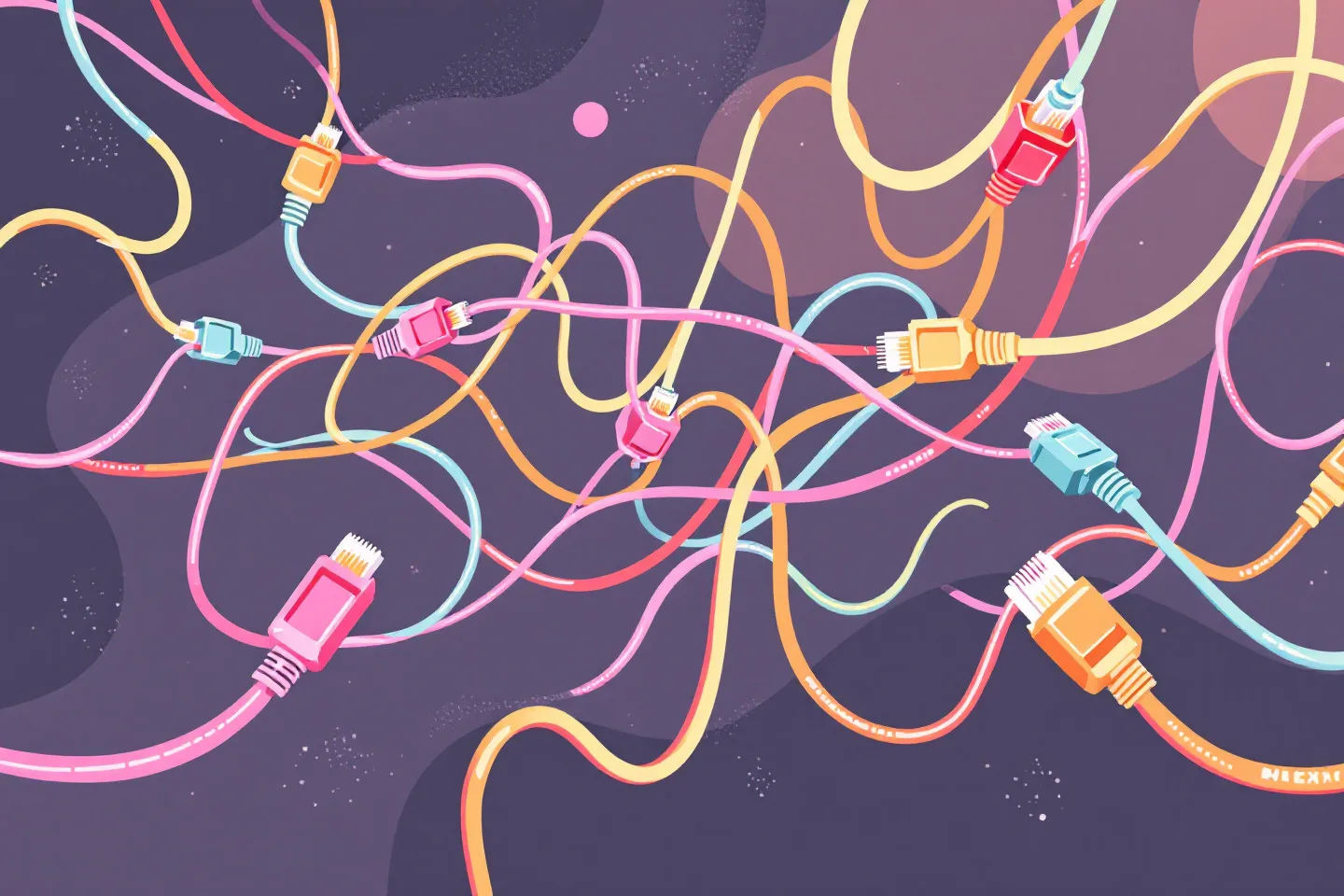 An illustration of tangled pastel ethernet cables with RJ45 connectors on a purple background